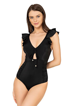 Endeep Kadın Fırfırlı İp Detaylı Toparlayıcı Siyah Mayo