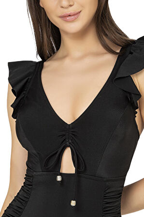 Endeep Kadın Fırfırlı İp Detaylı Toparlayıcı Siyah Mayo