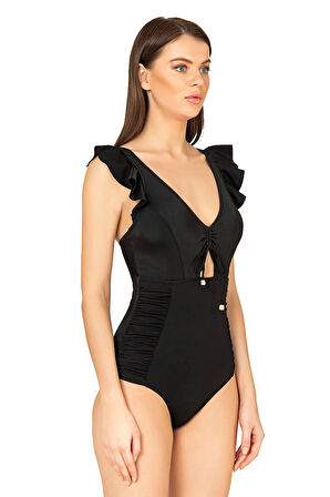 Endeep Kadın Fırfırlı İp Detaylı Toparlayıcı Siyah Mayo