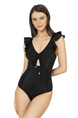 Endeep Kadın Fırfırlı İp Detaylı Toparlayıcı Siyah Mayo