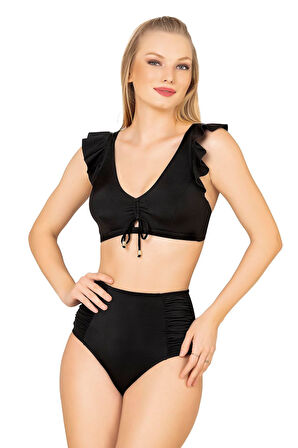 Endeep Kadın Fırfırlı İp Detaylı Yüksek Bel Bikini Takımı