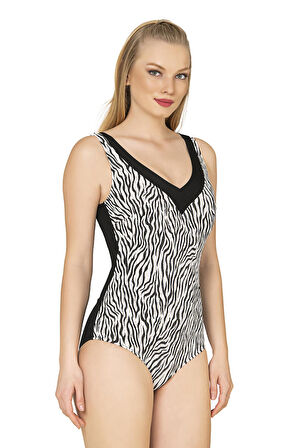 Endeep Kadın Zebra Desenli Parıltılı Toparlayıcı V Kesim Mayo