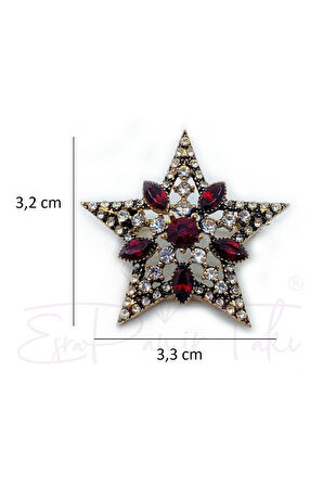Elmas Montür Kırmızı Taşlı Yıldız Broş