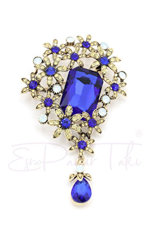 Lacivert Taşlı Çiçekli Broş