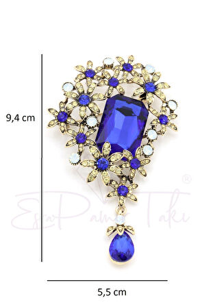 Lacivert Taşlı Çiçekli Broş