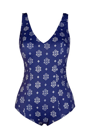 Endeep Beria Kadın Büyük Beden Kuplu Lacivert Desenli Toparlayıcı Mayo