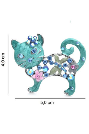 Taşlı Çiçekli Turkuaz Renk Kedi Broş Ve Kolye Ucu