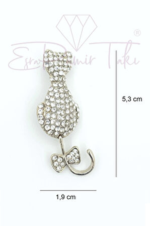 Taşlı Gümüş Renk Sallantılı Kedi Broş