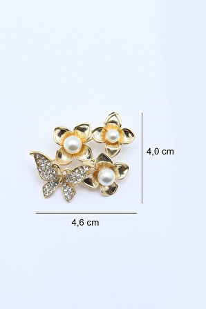 Taşlı Incili Altın Renk Kelebekli Çiçek Broş
