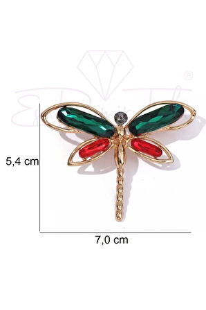 Kırmızı Ve Yeşil Kristal Taşlı Altın Renk Yusufcuk Broş