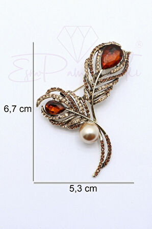 Kahverengi Kristal Ve Zirkon Taşlı Incili Yaprak Broş Ve Kolye Ucu