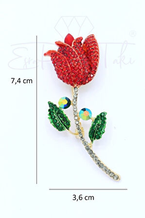 Zirkon Taşlı Kırmızı Gül Broş Ve Kolye Ucu