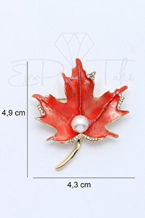 Zirkon Taşlı Incili Kırmızı Yaprak Broş