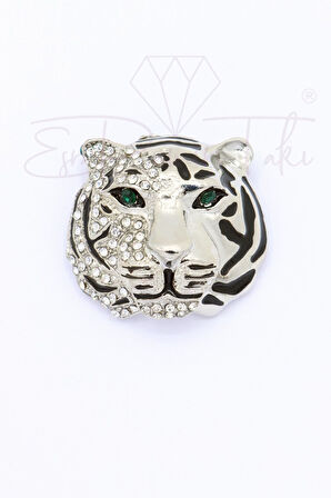 Zirkon Taşlı Gümüş Renk Kaplan Broş