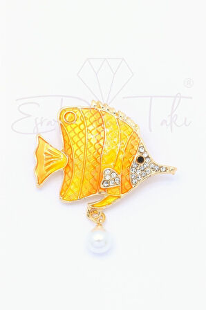 Sarı Ve Turuncu Renk Sallantılı Incili Balık Broş