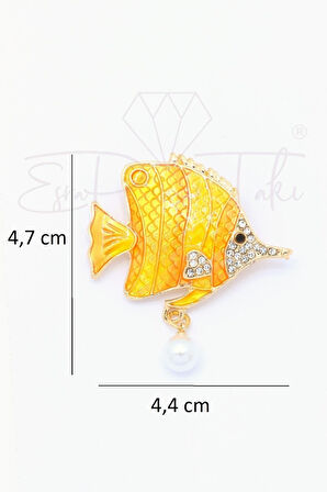 Sarı Ve Turuncu Renk Sallantılı Incili Balık Broş