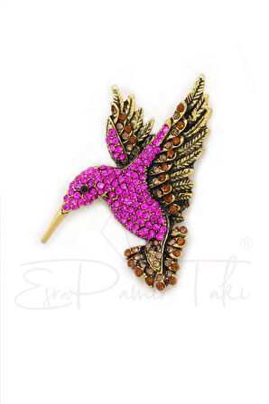 Pembe Ve Altın Renk Taşlı Kuş Broş Ve Kolye Ucu