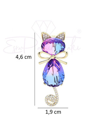 Pembe ve Lila Zirkon Taş Altın Renk Kedi Broş