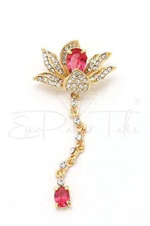 Pembe Zirkon Taşlı Sallantılı Çiçek Broş
