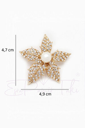 Taşlı Incili Altın Renk Çiçek Broş