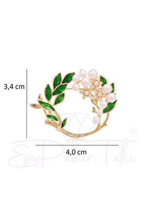 İncili Yeşil Yaprak Çelenk Broş