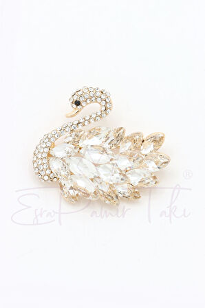 Altın Renk Zirkon Taşlı Kuğu Broş