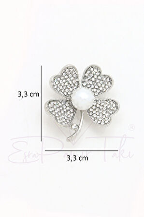 4 Yapraklı İncili Gümüş Renk Yonca Broş