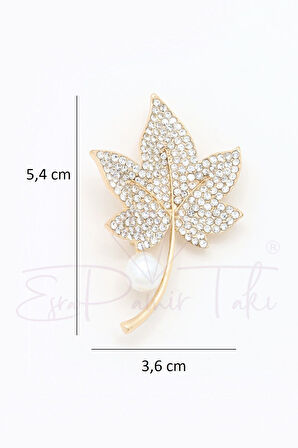 Altın Renk Zirkon Taşlı İncili Yaprak Broş