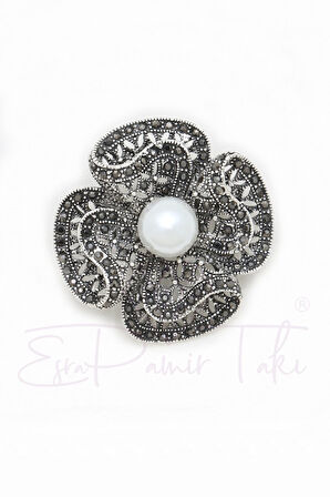 Incili Markazit Taşlı Çiçek Broş