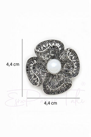 Incili Markazit Taşlı Çiçek Broş