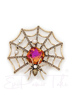 Zirkon Ve Pembe Taşlı Örümcek Ağ Broş