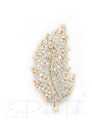 Altın Renk Zirkon Taşlı Yaprak Broş