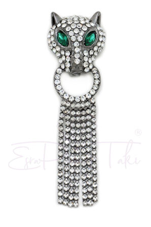 Zirkon Taşlı Gümüş Renk Sallantılı Kaplan Broş