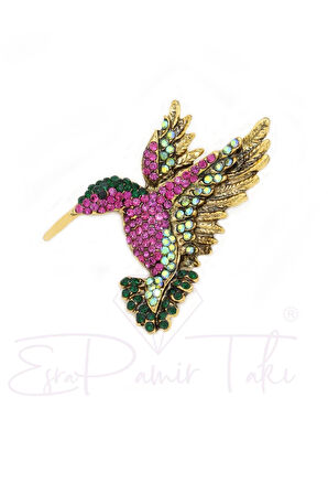 Pembe Yeşil ve Altın Renk Taşlı Kuş Broş