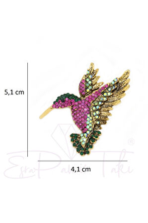 Pembe Yeşil ve Altın Renk Taşlı Kuş Broş