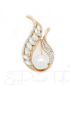 Zirkon Taşlı Altın Renk İncili Lale Broş