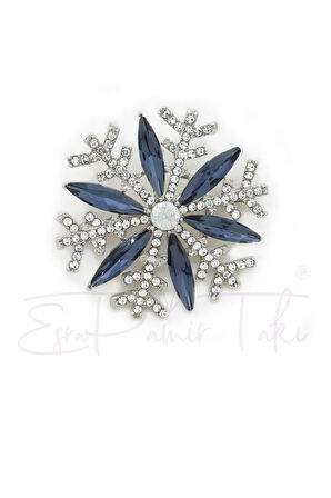 Lacivert Taşlı Gümüş Renk Kar Kristali Broş