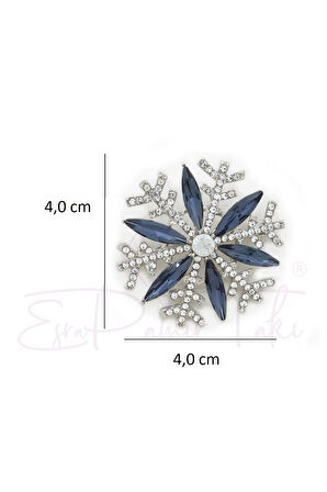 Lacivert Taşlı Gümüş Renk Kar Kristali Broş