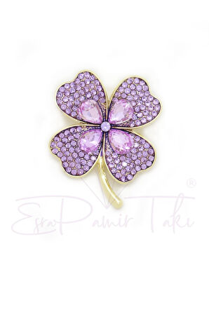 Lila Zirkon Taşlı 4 Yapraklı Yonca Broş