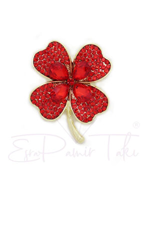 Kırmızı Zirkon Taşlı 4 Yapraklı Yonca Broş