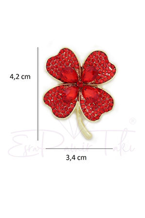 Kırmızı Zirkon Taşlı 4 Yapraklı Yonca Broş