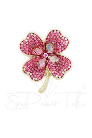 Pembe Zirkon Taşlı 4 Yapraklı Yonca Broş
