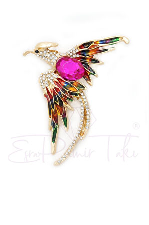 Pembe Zirkon Taşlı Zümrüdü Anka Kuş Broş