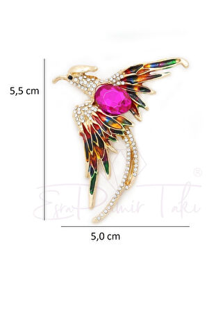 Pembe Zirkon Taşlı Zümrüdü Anka Kuş Broş