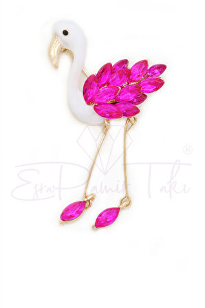 Pembe Zirkon Taşlı Sallantılı Flamingo Broş