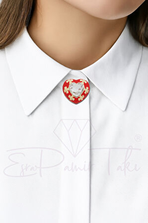 Kırmızı Kalp Düğme Süsü Broş