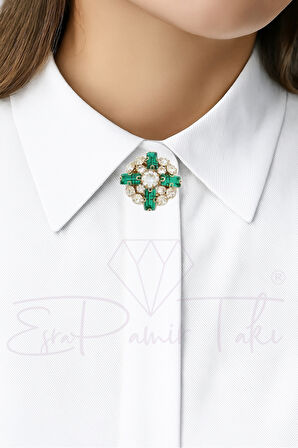 Yeşil Taşlı Düğme Süsü Broş