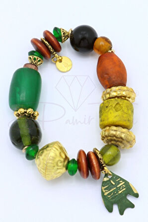 Yeşil Kahve Rengi Cam Seramik Pirinç Ahşap Doğal Taş El Yapımı Bileklik