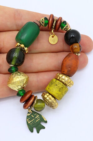 Yeşil Kahve Rengi Cam Seramik Pirinç Ahşap Doğal Taş El Yapımı Bileklik