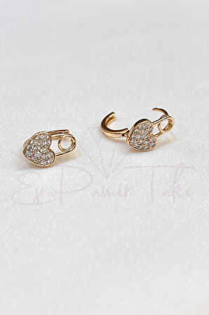 Zirkon Taşlı Rose Gold Renk Kalp Küpe